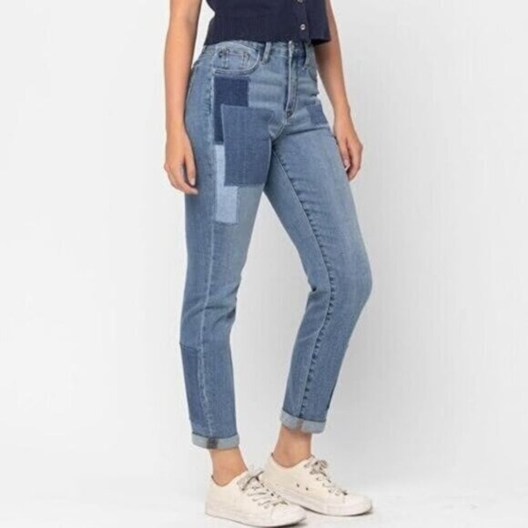 Judy Blue Double Cuff Patch Boyfriend Jeans 7 28 Medium Blue High Waist Stretch - Picture 2 of 7